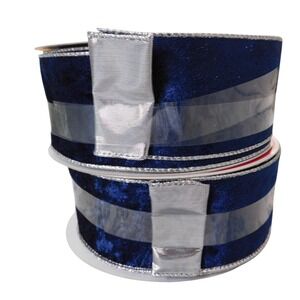 2 Wired Jumbo Ribbon Navy Blue Velvet w/ Silver Trim 2.5" X 60 ft EACH